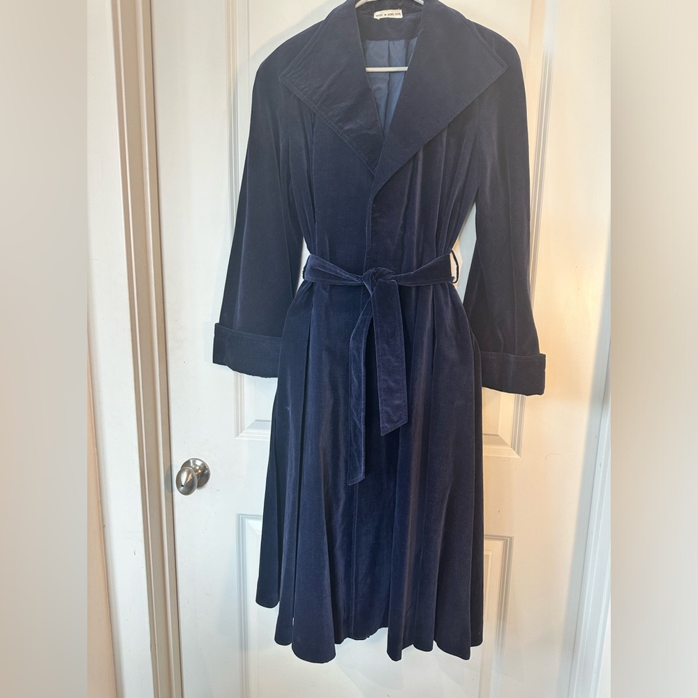 RARE Vintage P.B.D International Blue Velvet Opera Swing Belted ShawlCollar Coat